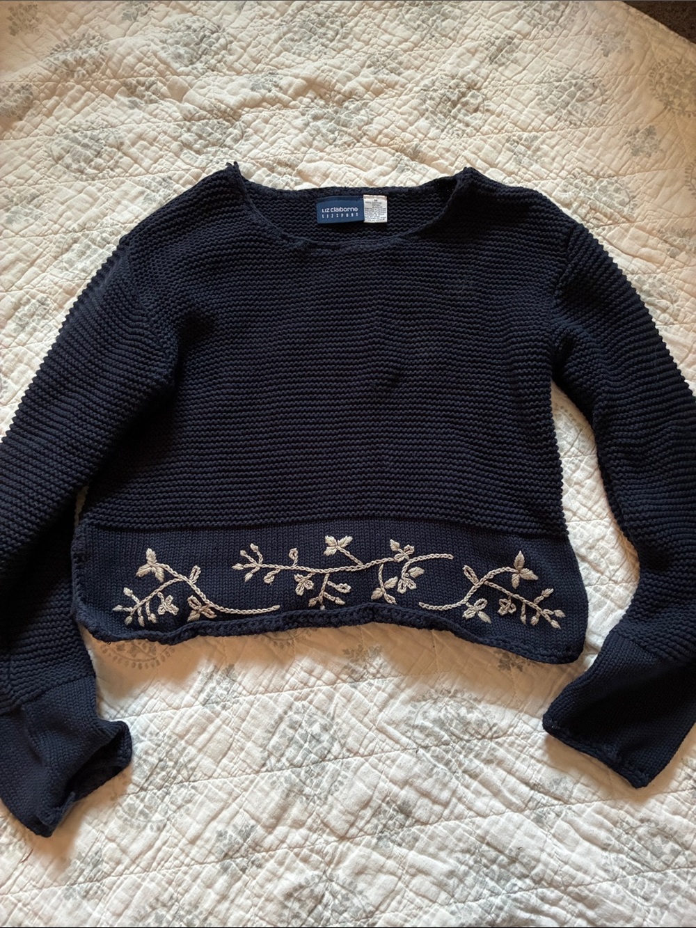 Liz Claiborne Navy Knit Crewneck Sweater with Cream Floral Embroidery